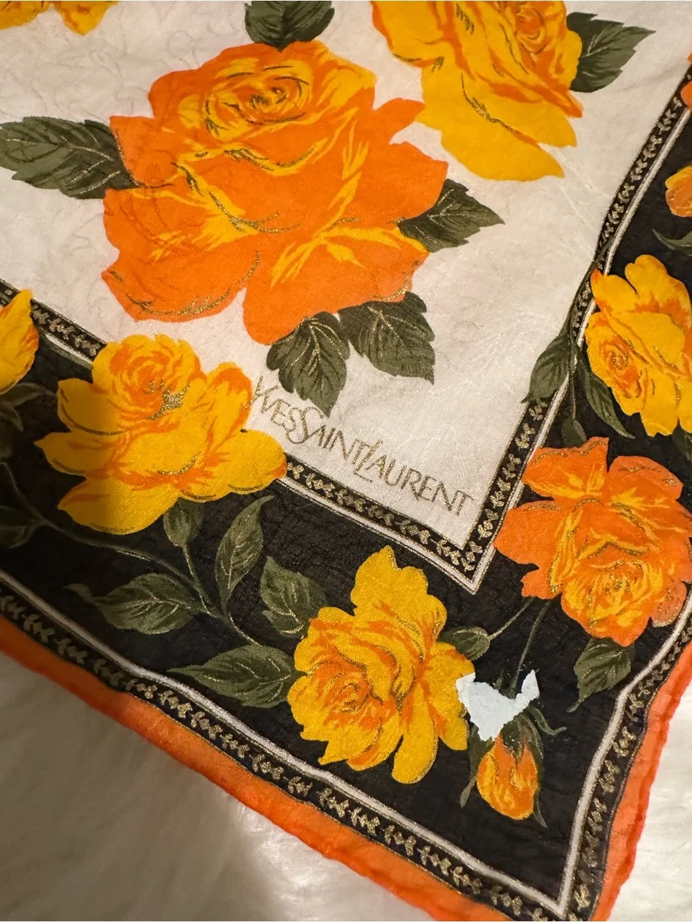 Yves Saint Laurent Floral Cotton Square Scarf Orange Yellow Roses 19” - Picture 3 of 7